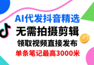 AI代发抖音精选，领取视频直接发布，单号每天领取3条，单条笔记最高3k，无需拍摄剪辑，懒人福利
